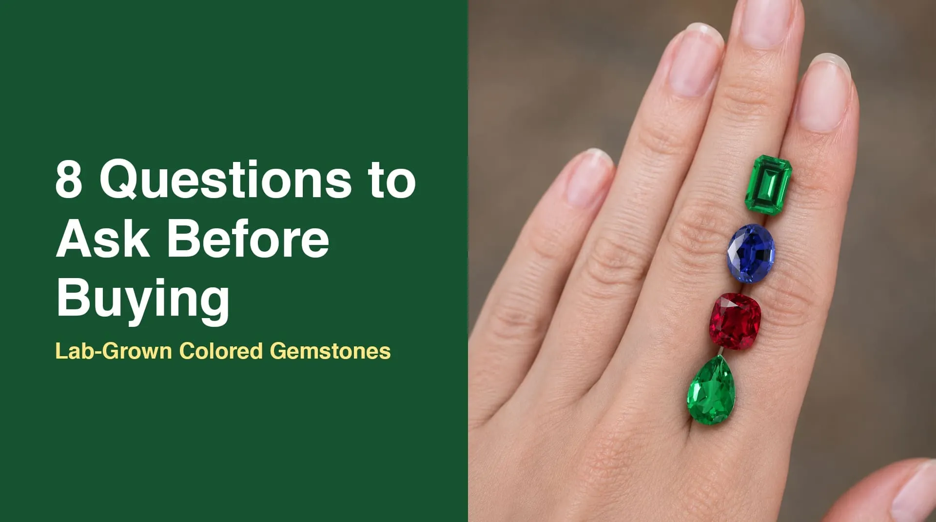 8 Questions to Ask Before Buying a Lab Grown Colored Gemstone  a hand holding a lab grown emerald, sapphire, and ruby from DEDIAM's Antwerp collection