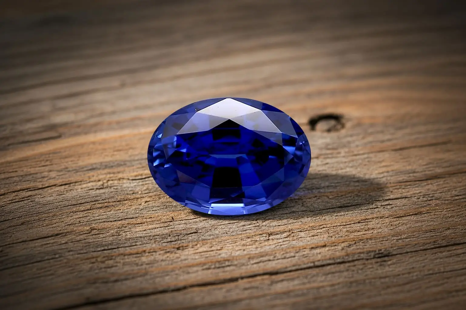 Gema azul tallada con facetas expuesta sobre una superficie de madera