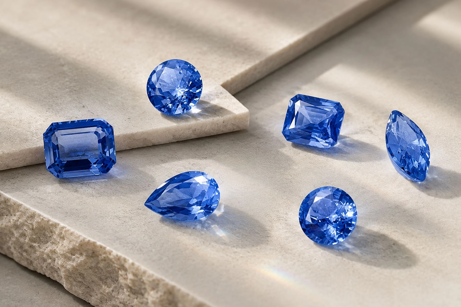 Piedras preciosas de zafiro azul facetadas con tallas redonda, esmeralda, pera y marquesa, que muestran los colores y la calidad del zafiro.