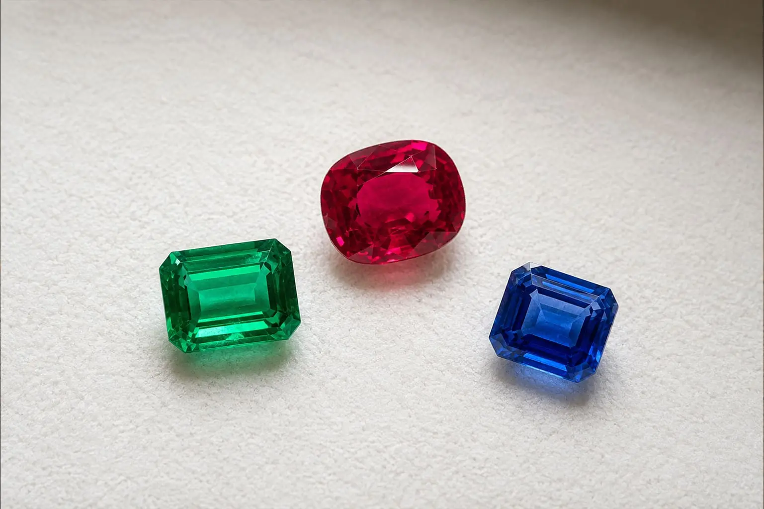 Piedras preciosas de esmeralda verde, rubí rojo y zafiro azul dispuestas sobre una superficie blanca