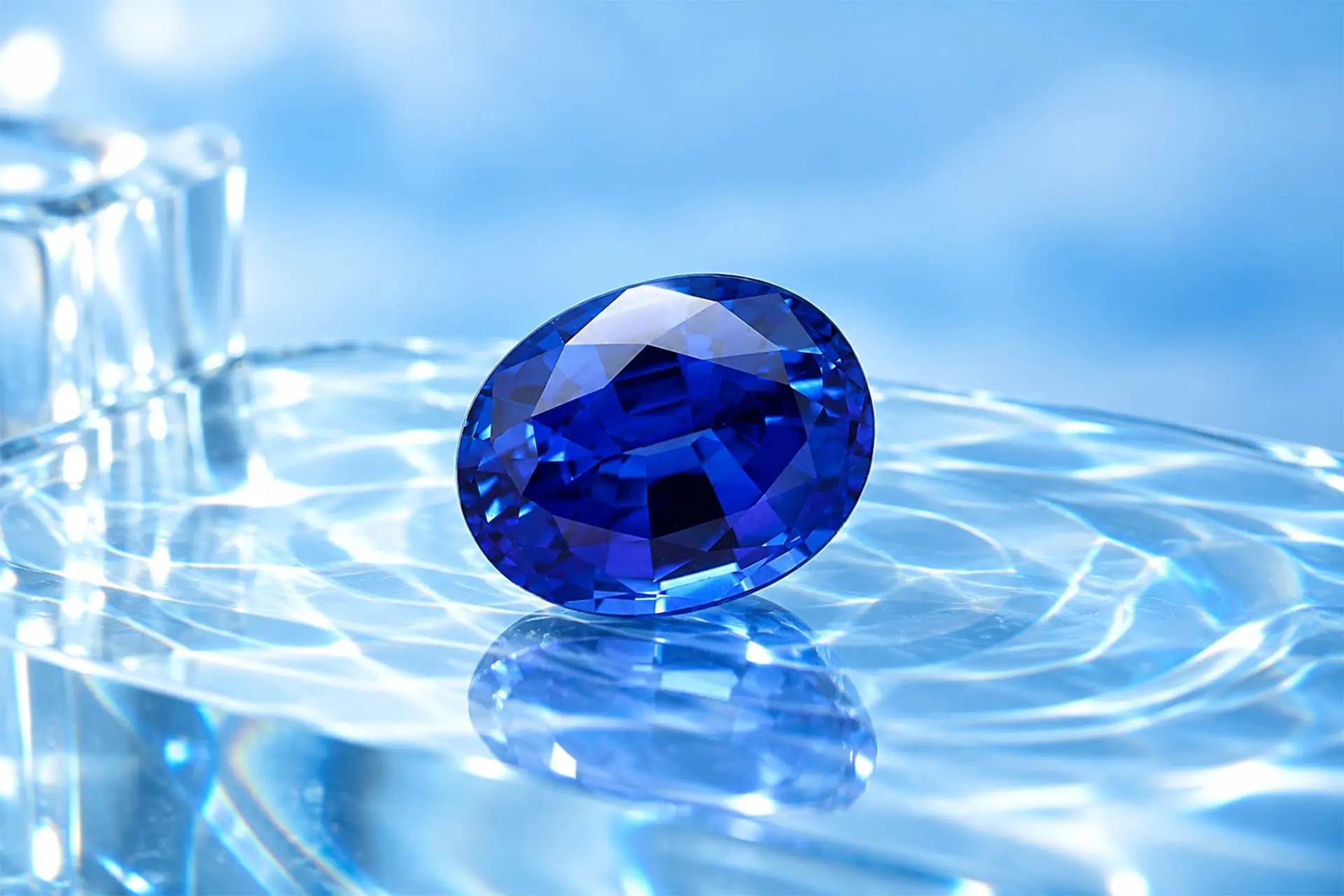 Gema de zafiro azul creada en laboratorio con reflejos sobre una superficie de agua similar al cristal