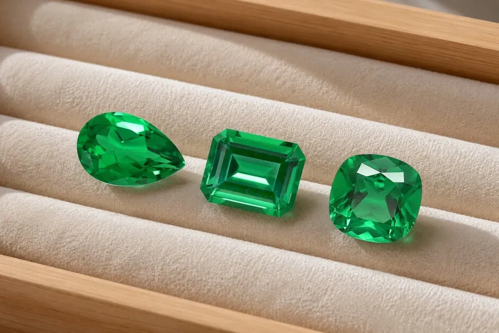 Collectie van hoogwaardige, in het laboratorium gekweekte smaragd-edelstenen in peervormige, smaragd- en kussenslijpingen voor de vervaardiging van exclusieve sieraden
