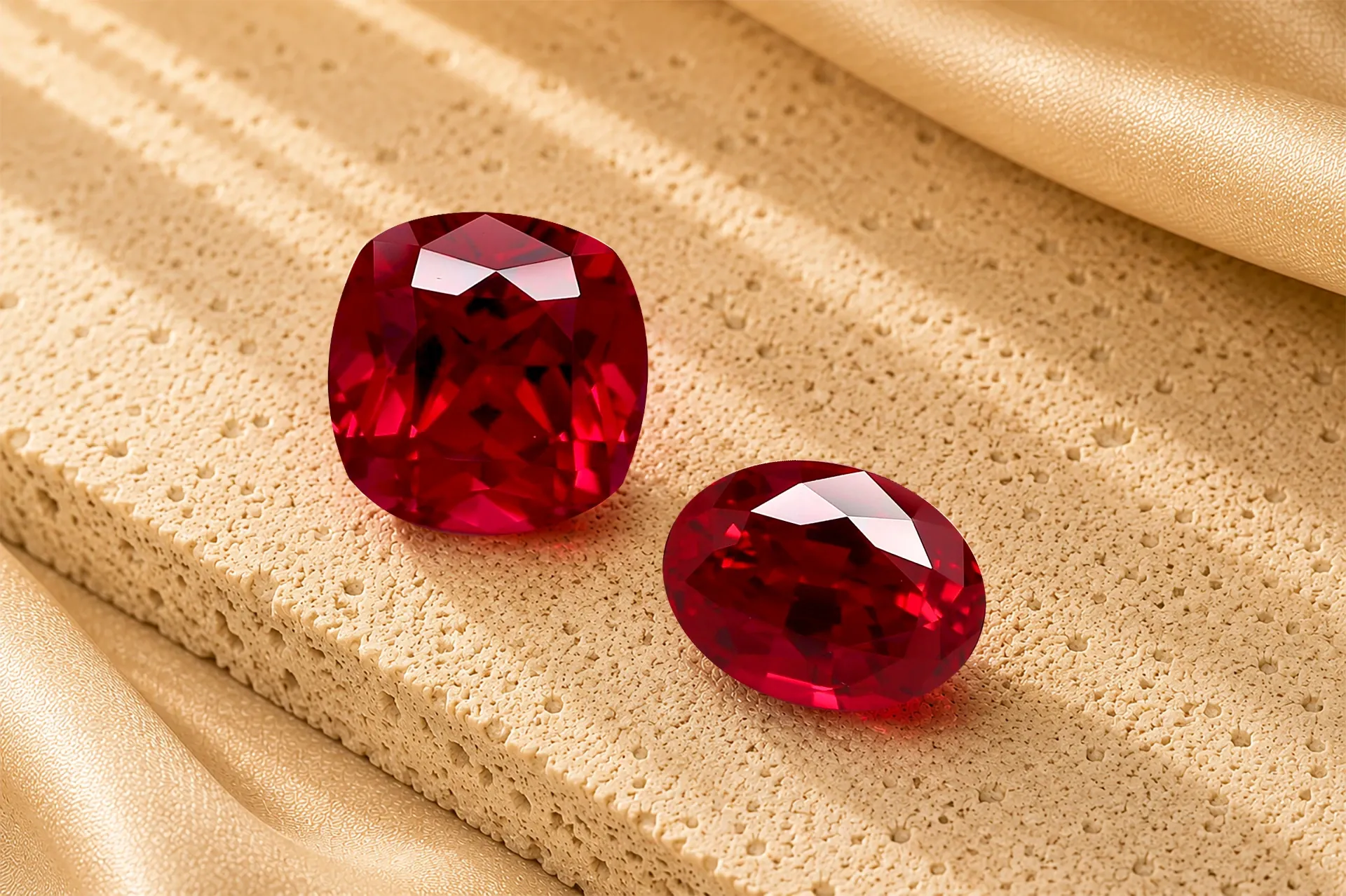 Close-up of cushion-cut and oval-cut lab-grown rubies demonstrating the lasting beauty and durability of lab-grown gemstones from DeDiam Antwerp
