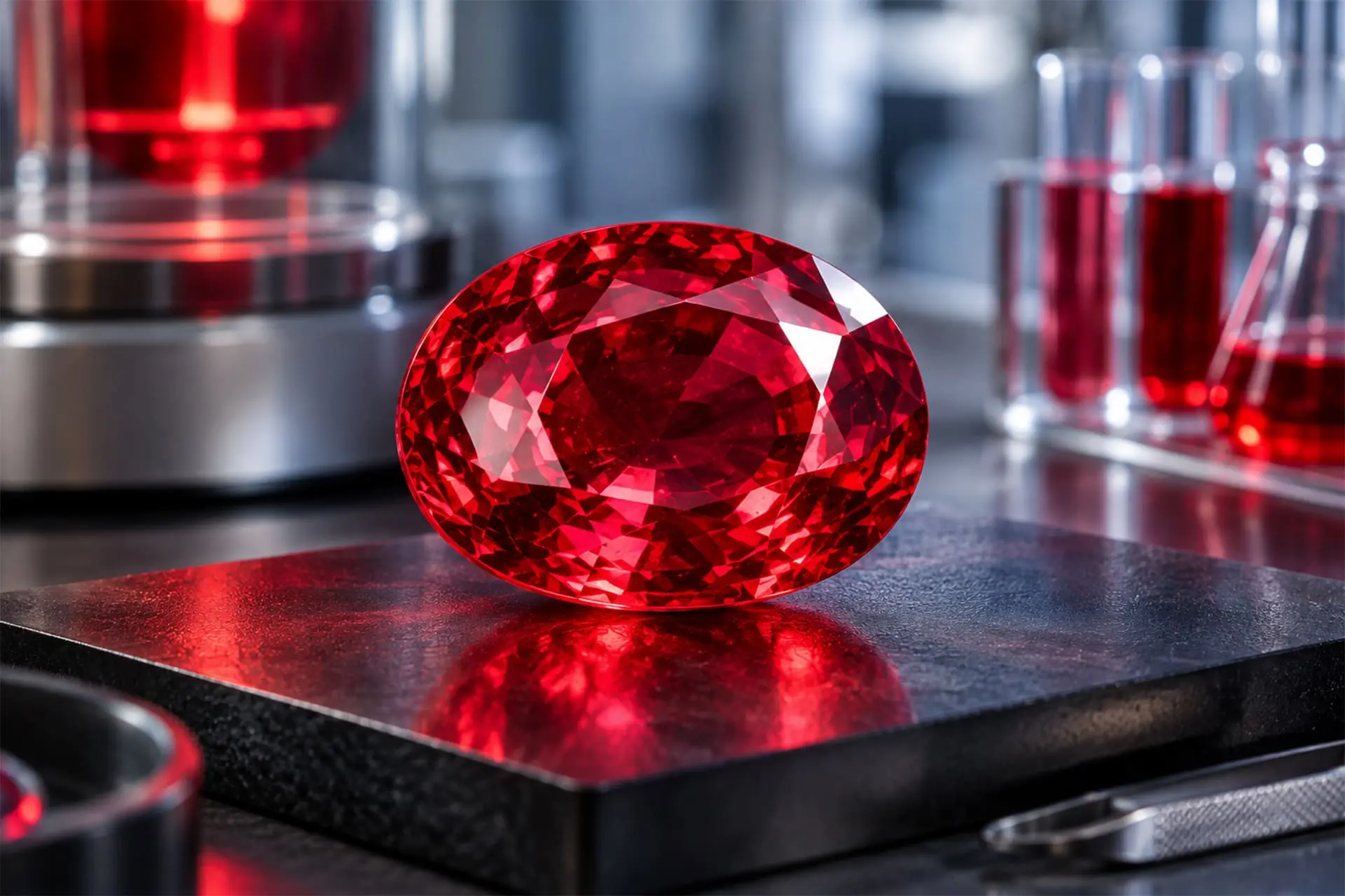 Gema de rubí de color rojo intenso, creada en laboratorio, expuesta en un moderno entorno de laboratorio