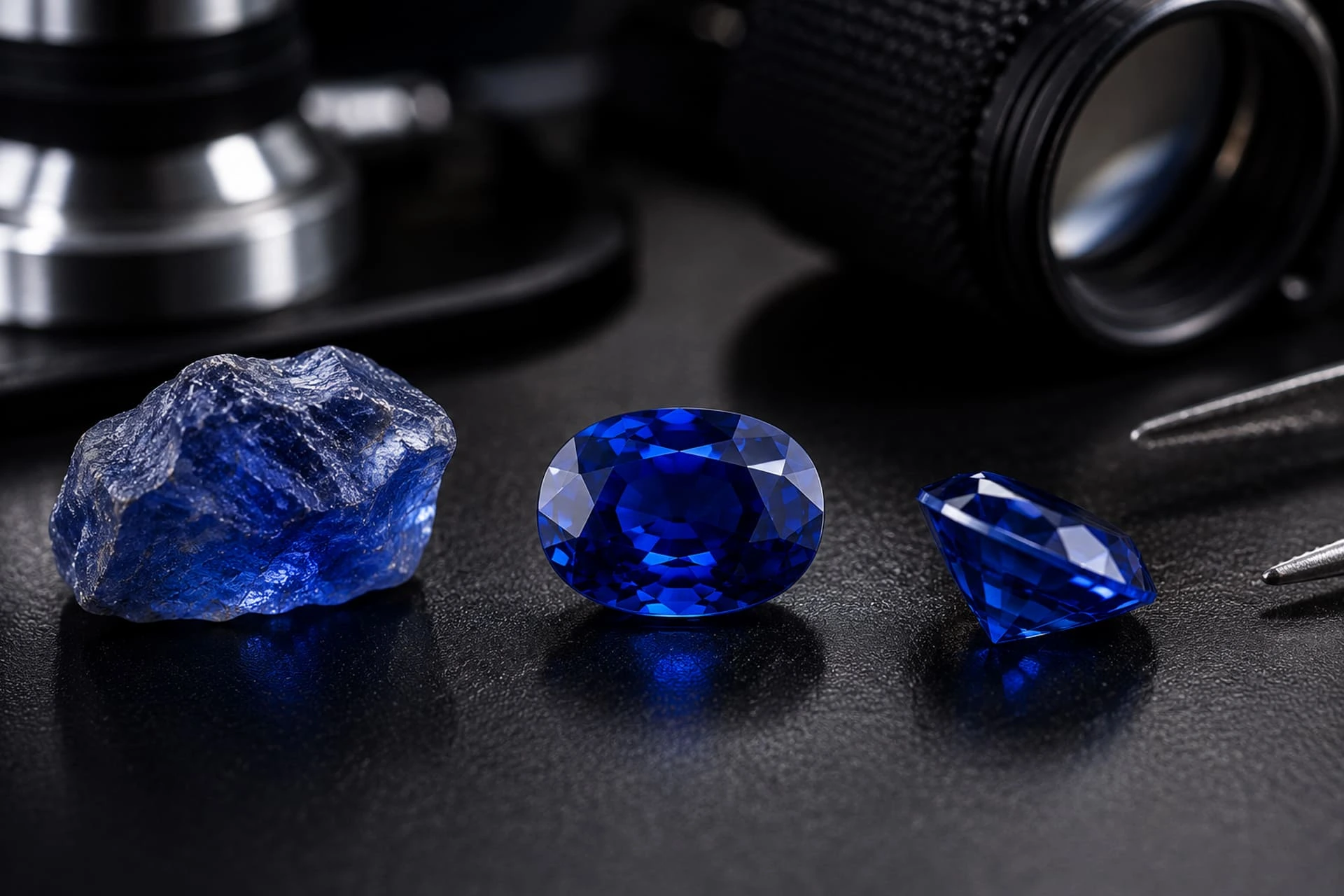 Cristal de zafiro en bruto natural junto a gemas de zafiro pulidas de forma ovalada y con corte especial