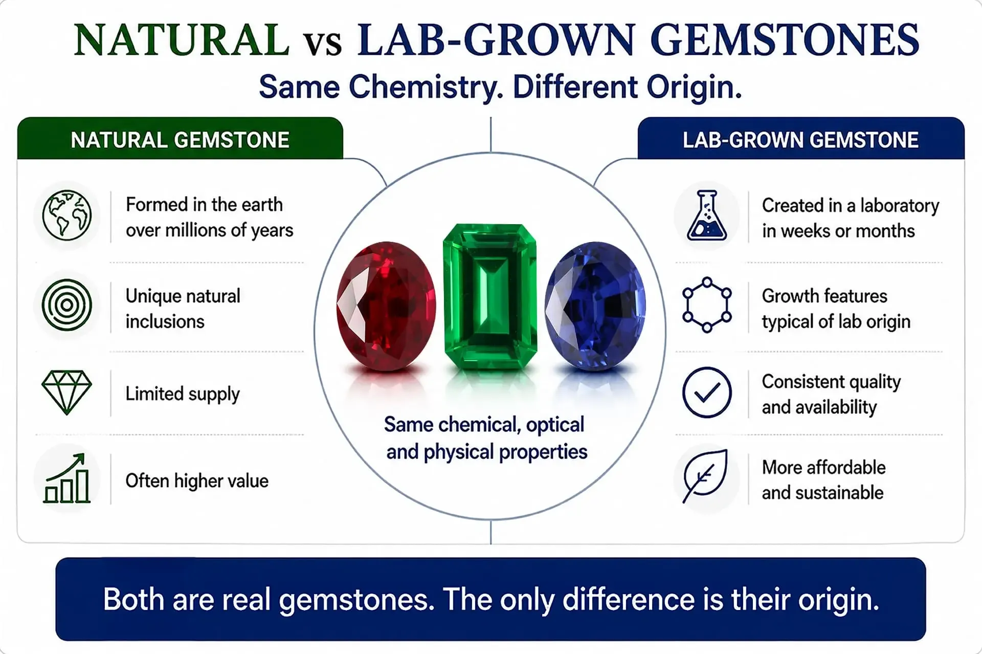 Comparison of natural and lab-grown ruby, emerald and sapphire gemstones, highlighting their identical chemical properties and different origins