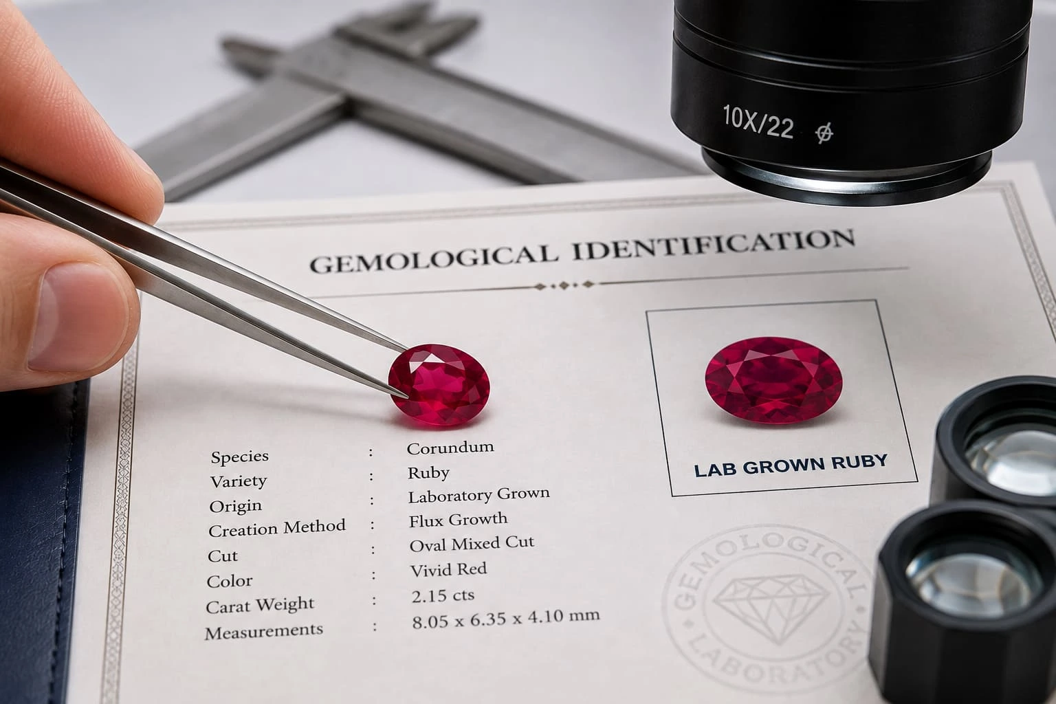 Gemólogo que examina un rubí para distinguir entre un rubí cultivado en laboratorio y uno natural